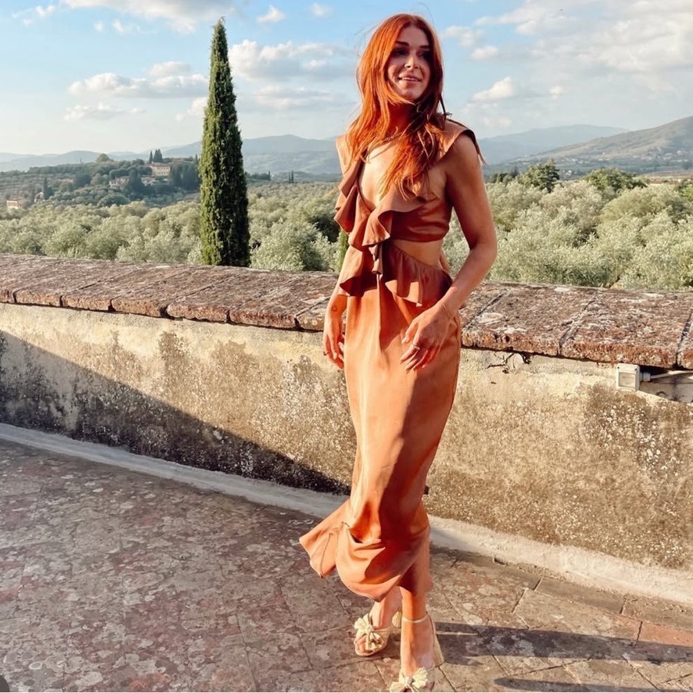 SHOW ME YOUR MUMU Zoey Midi Dress In Copper Luxe Satin